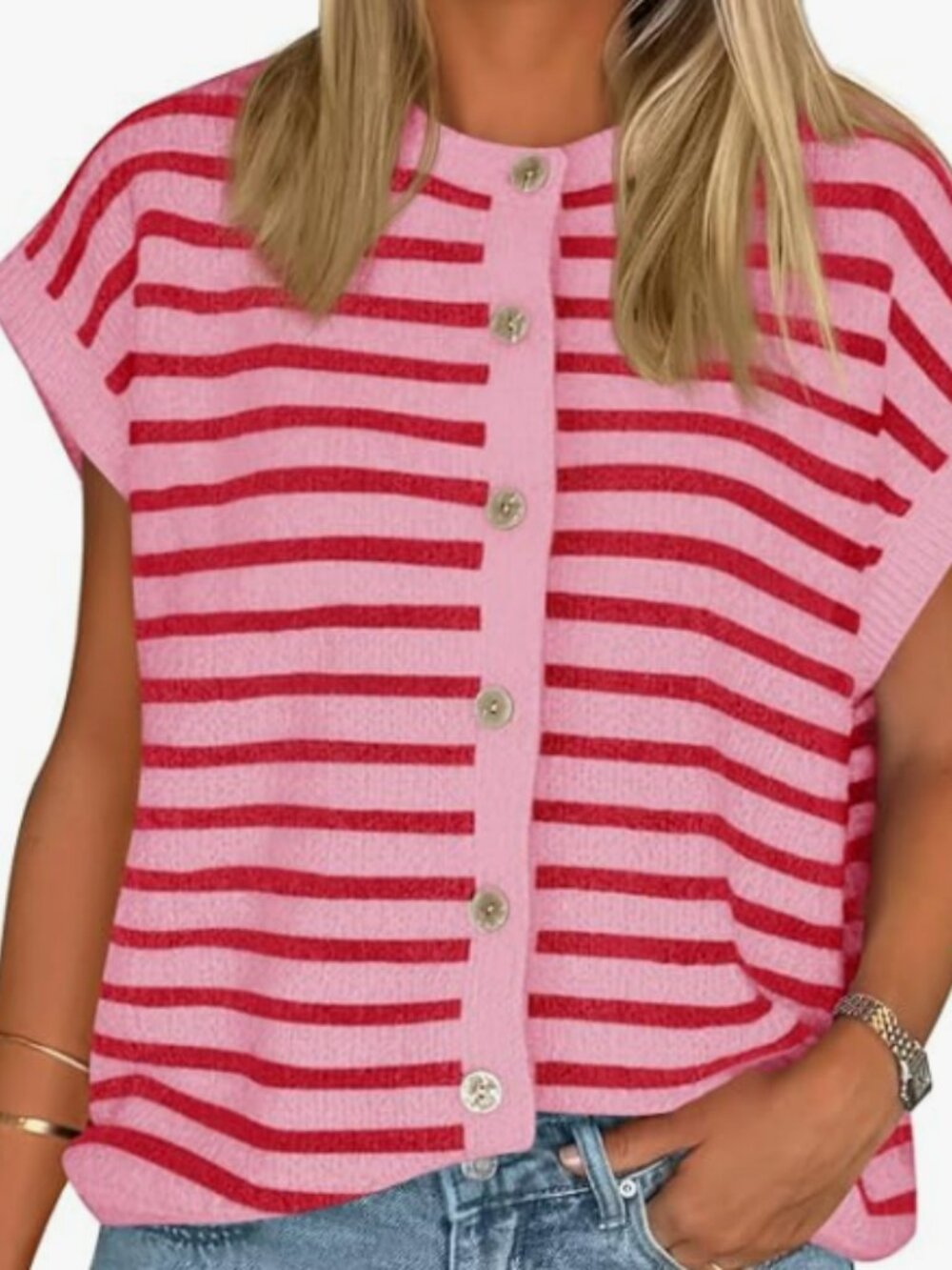 Cicy Bell Womens Striped Cap Sleeve Sweater Vest Button Down Cardigan Tops - XL